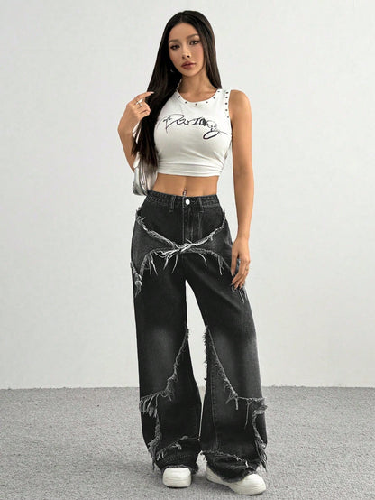 Women's Patchwork Fringe Wide Leg Denim Pants – Casual & Trendy Loose Fit