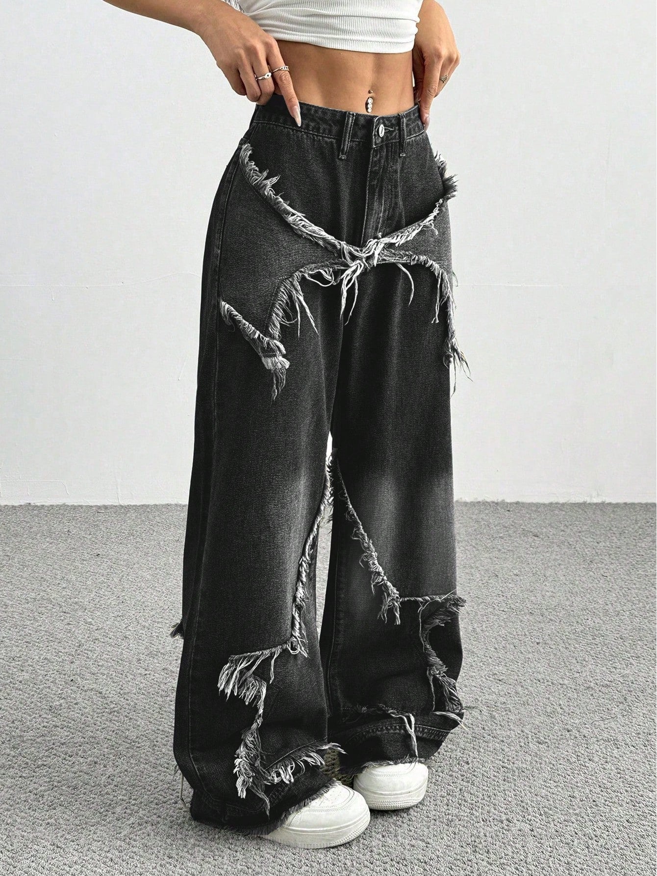 Women's Patchwork Fringe Wide Leg Denim Pants – Casual & Trendy Loose Fit