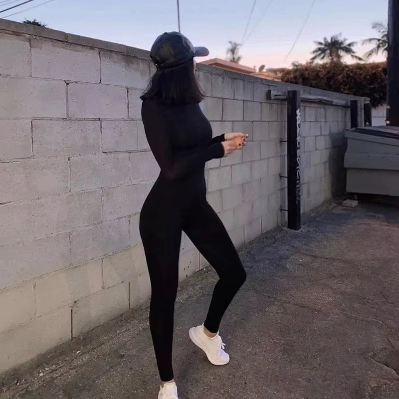 Solid Black/Gray Long Sleeve Skiing Jumpsuit Women Elastic Hight Outfit Fashion Fitness Sportwear Slim Rompers Streetwear