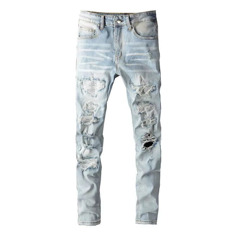 Men Crystal Holes Ripped Patchwork Jeans Streetwear Light Blue Denim Slim Skinny Pencil Pants Trousers