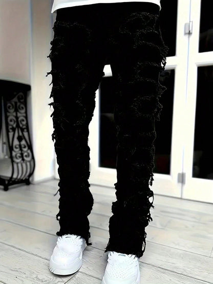 Men's Stacked Ripped Jeans, Distressed Patchwork, Straight Leg, Y2K Skinny Denim Pants, Hip Hop Slim Fit Trousers