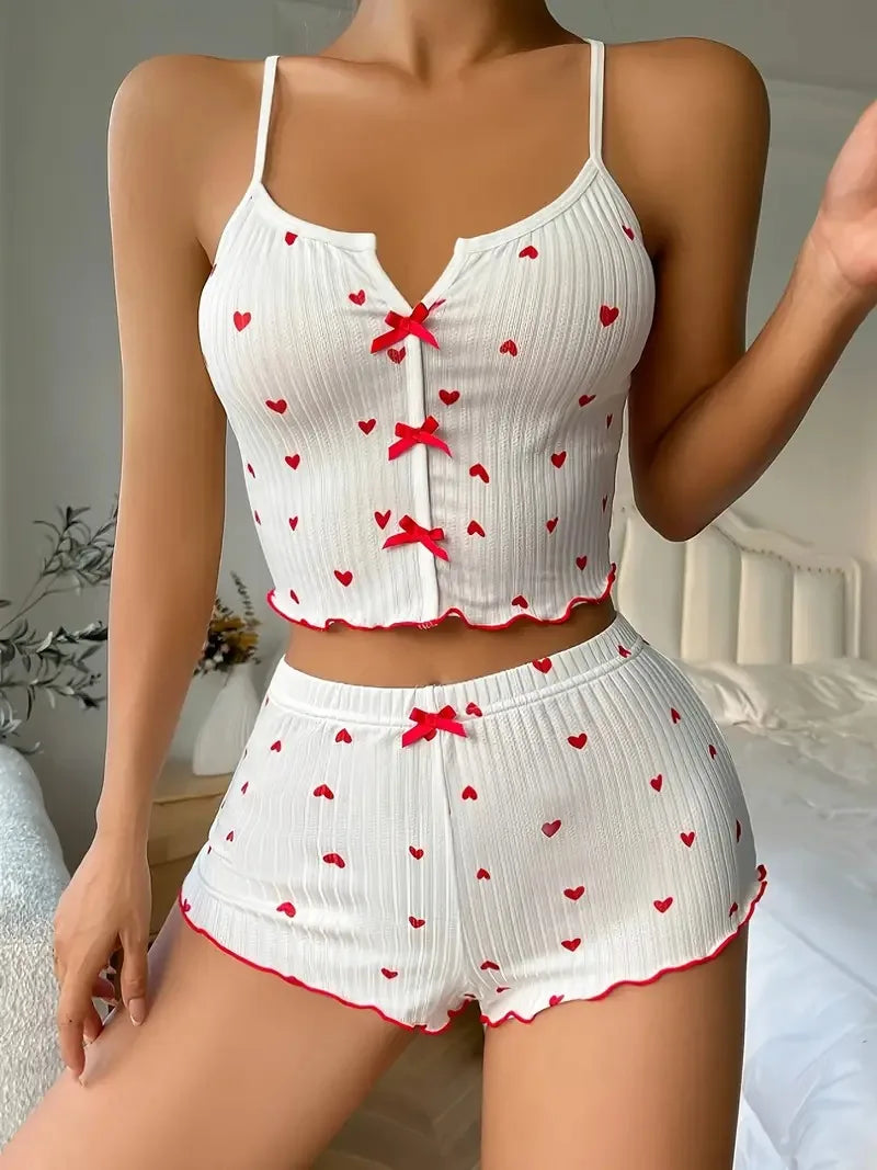 Women’s Sleepwear Pajama Set – Heart Print, Soft Ribbed Fabric with Flirty Frill Trim, Casual Cami Top and Shorts Loungewear Set