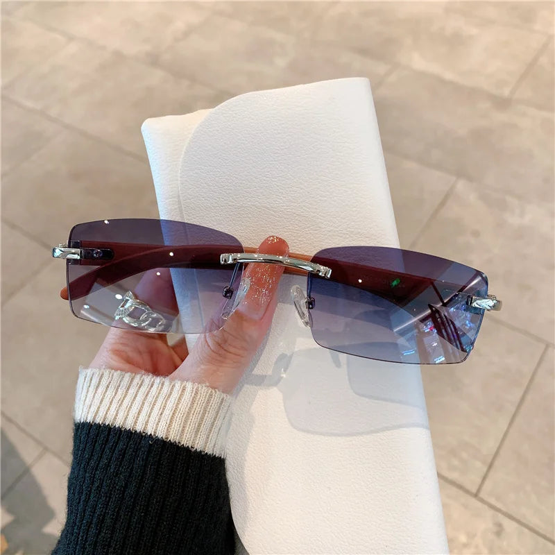 Rimless Wooden Pattern Sunglasses – Luxury Retro UV400 Fashion Shades for Men & Women