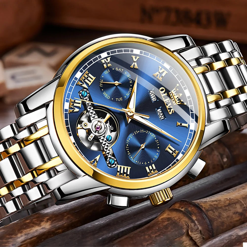 Stylish Men's Automatic Mechanical Business Watch - Waterproof Stainless Steel Skeleton Design with Calendar