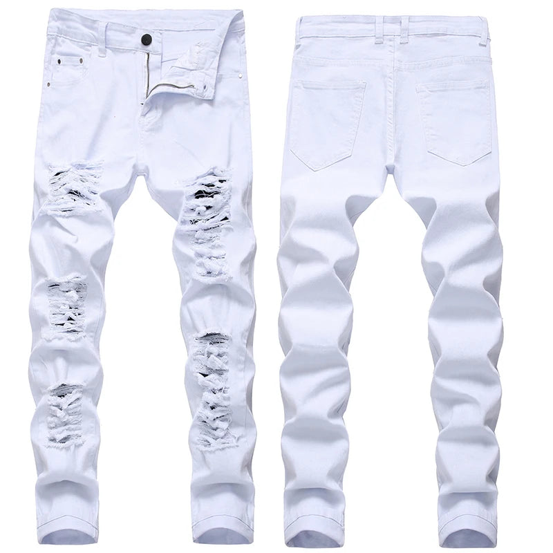 Hole Denim Pants Men'S Tide Brand Ruined Hole Jeans Solid Slim All-Match High Street Hip Hop Trousers Red White Large Size