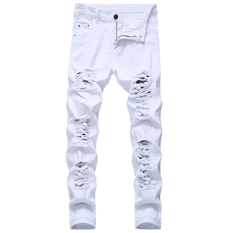 Hole Denim Pants Men'S Tide Brand Ruined Hole Jeans Solid Slim All-Match High Street Hip Hop Trousers Red White Large Size