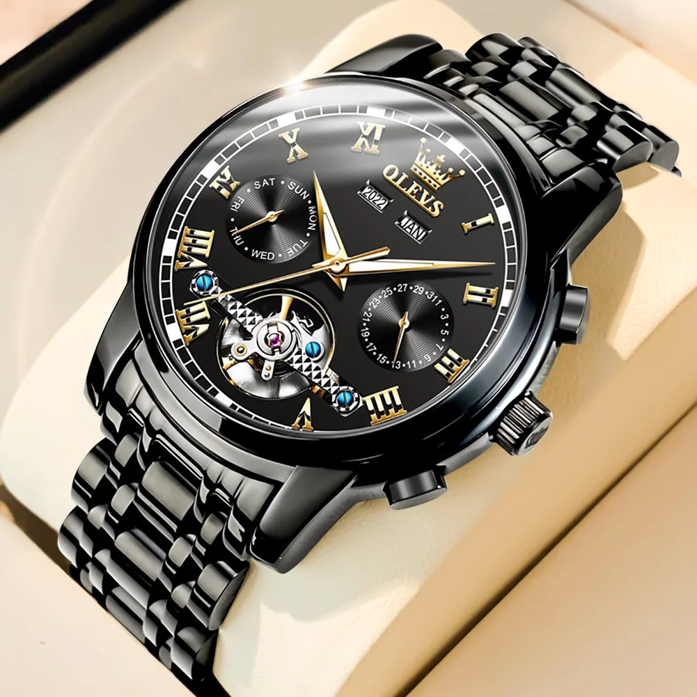 Stylish Men's Automatic Mechanical Business Watch - Waterproof Stainless Steel Skeleton Design with Calendar