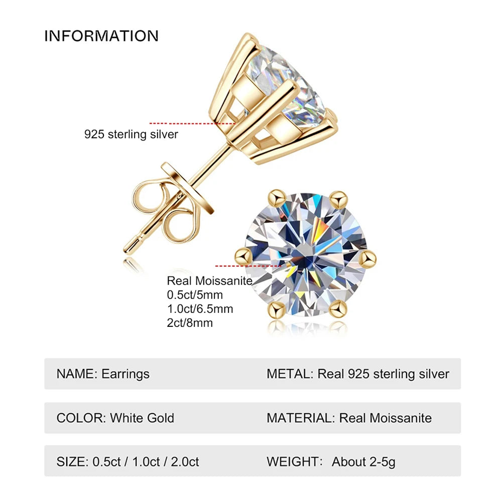 0.5-2ct Moissanite Diamond Stud Earrings – 18K Yellow Gold-Plated 925 Silver, Luxury Wedding Jewelry for Men and Women, GRA Certified