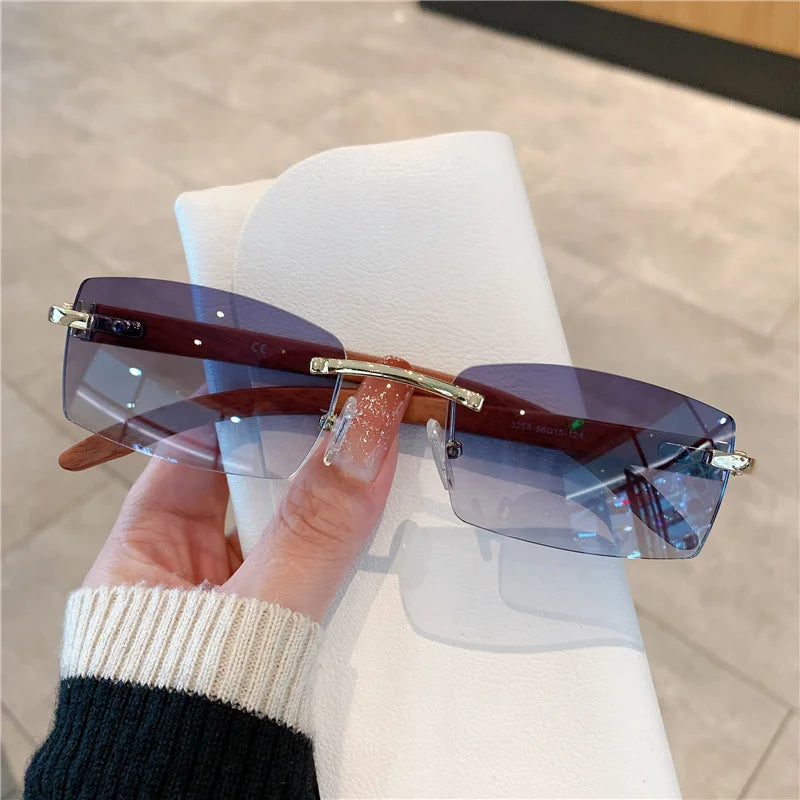 Rimless Wooden Pattern Sunglasses – Luxury Retro UV400 Fashion Shades for Men & Women