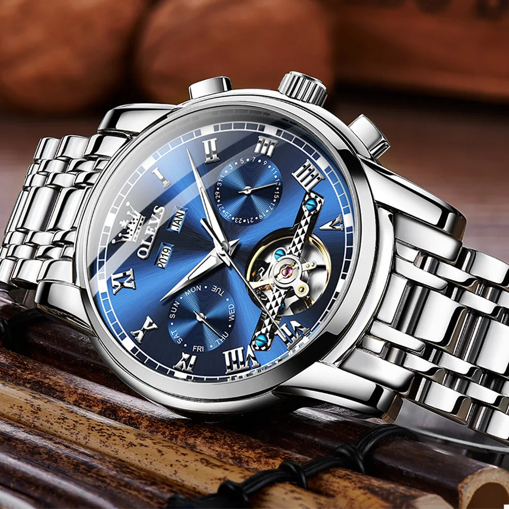 Stylish Men's Automatic Mechanical Business Watch - Waterproof Stainless Steel Skeleton Design with Calendar