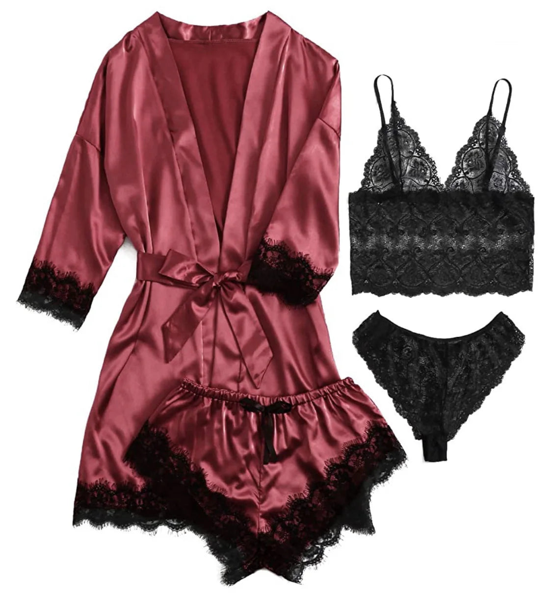 Women’s Fashion Pajama Set – Sexy Lace Trim Faux Silk Satin Gown with Print, Skin-Friendly Comfort for Luxe Loungewear