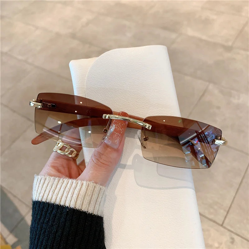 Rimless Wooden Pattern Sunglasses – Luxury Retro UV400 Fashion Shades for Men & Women