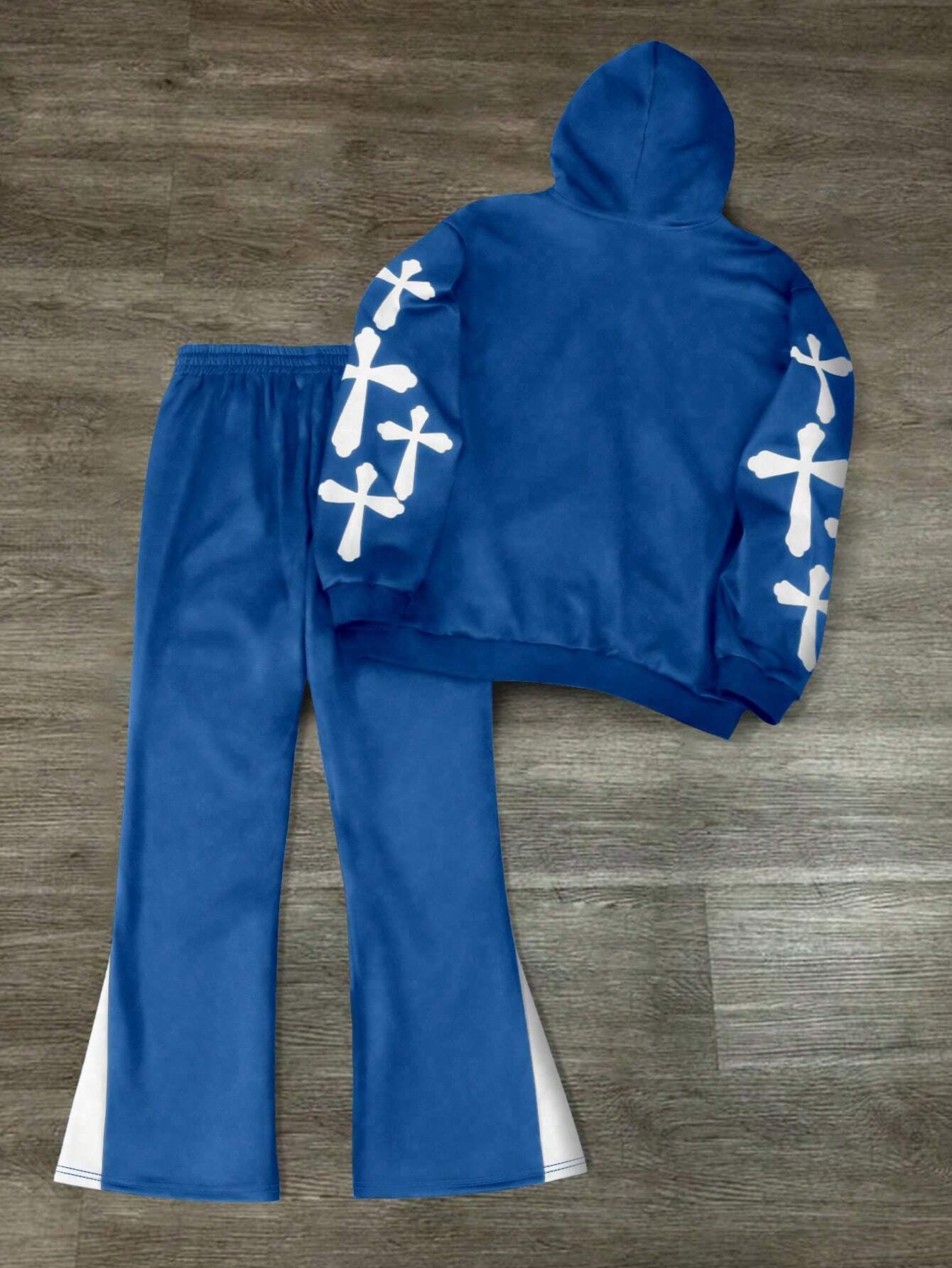 Manfinity LEGND 2Pcs Men'S Casual Zip-Up Hoodie Jacket with Cross & Letter Print and Flare Pants Set, Autumn